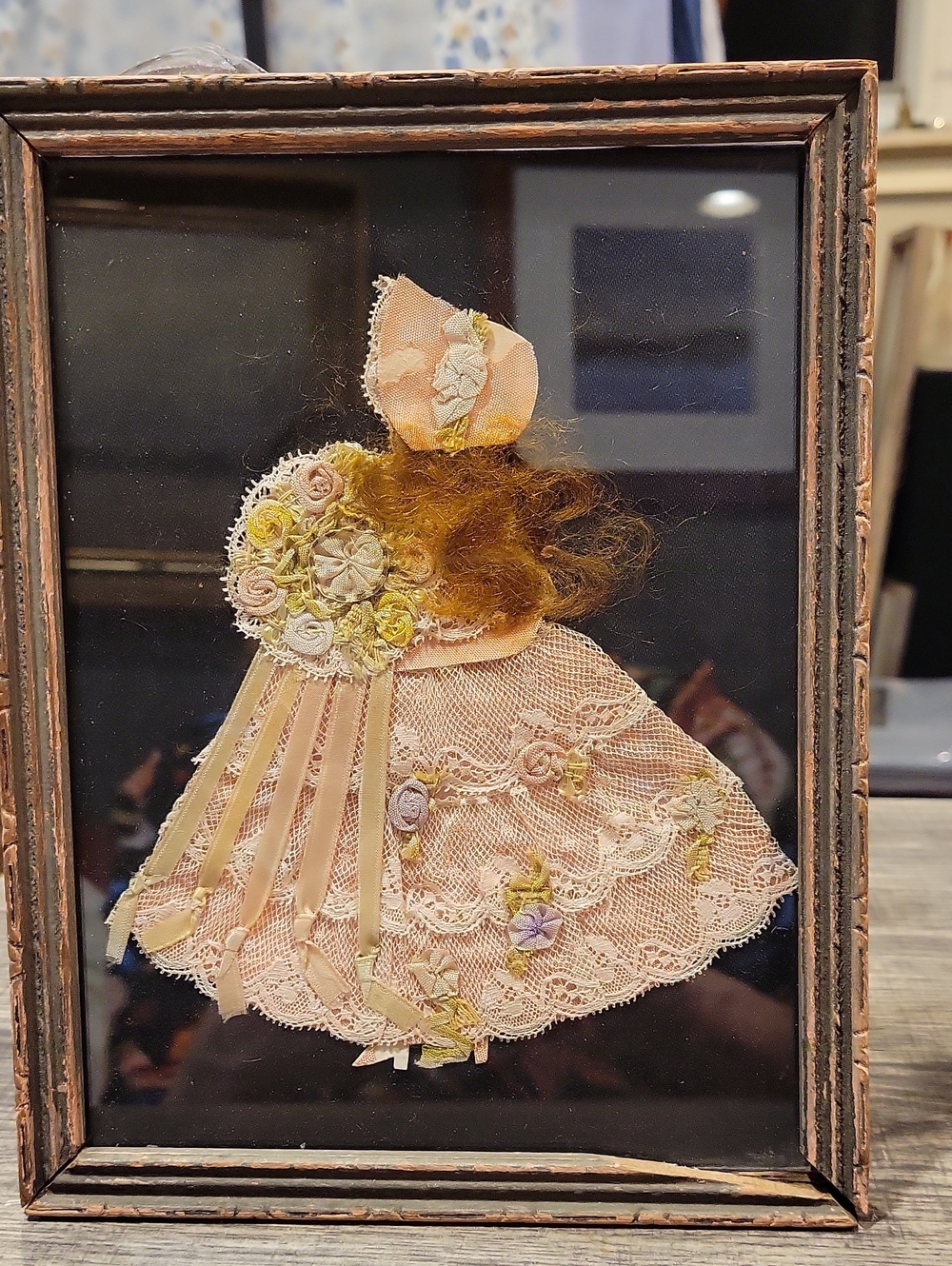 Morbide' Oddities Boudoir Art/ 1930/ Ribbon/ Lace Lady W/ REAL RED CURLY HAIR
